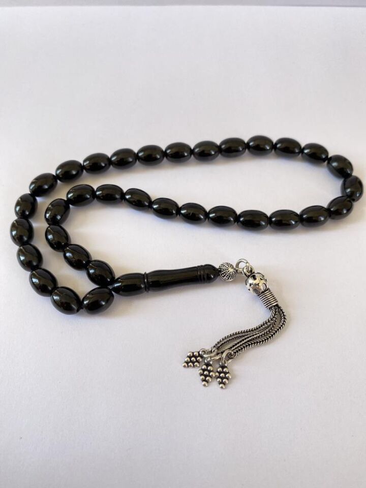 Tesbih TSBH0262BC 925 Ayar Gümüş Püsküllü Beyzi Kesim Erzurum Oltu Taşı Tesbih