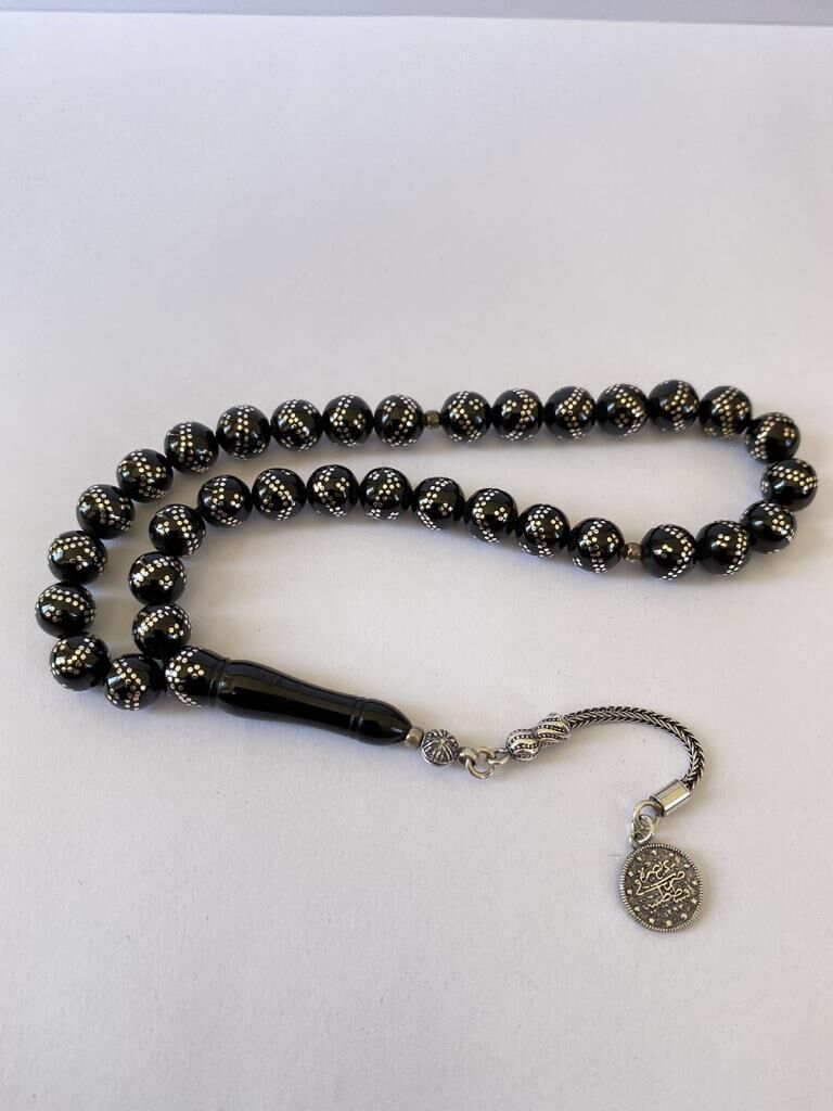 Tesbih TSBH0265BC 925 Ayar Gümüş Püsküllü Gümüş İşlemeli Küre Kesim Erzurum Oltu Taşı Tesbih