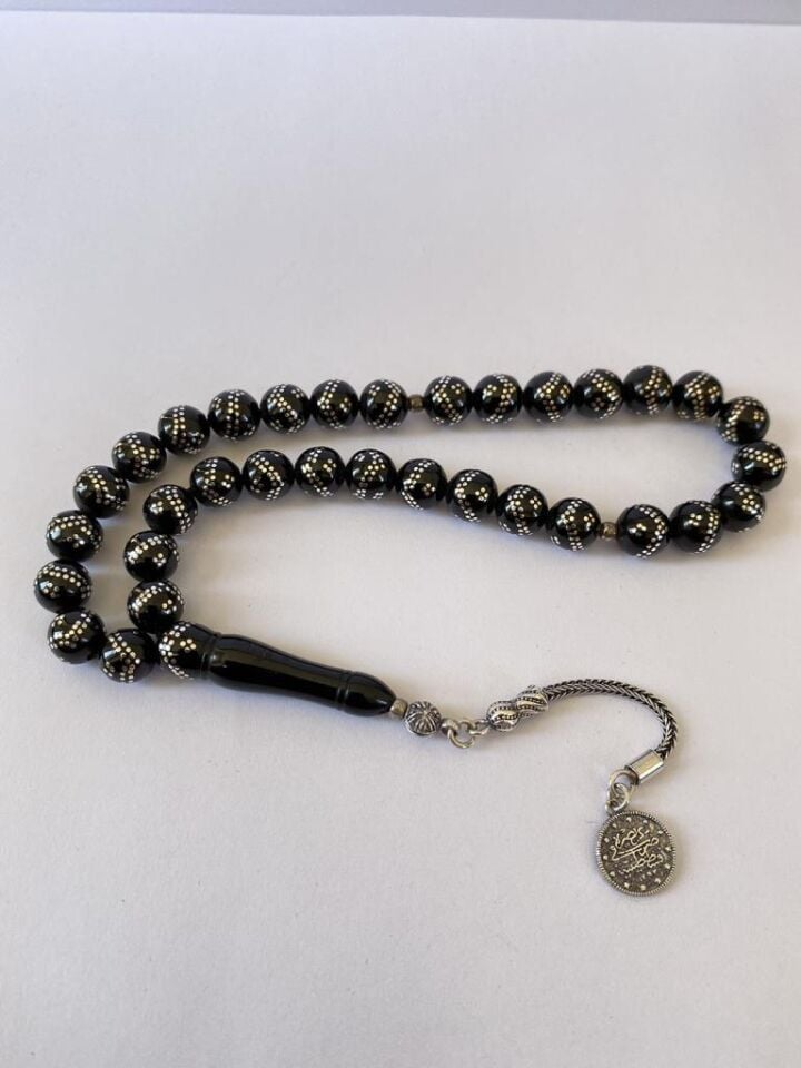 Tesbih TSBH0265BC 925 Ayar Gümüş Püsküllü Gümüş İşlemeli Küre Kesim Erzurum Oltu Taşı Tesbih