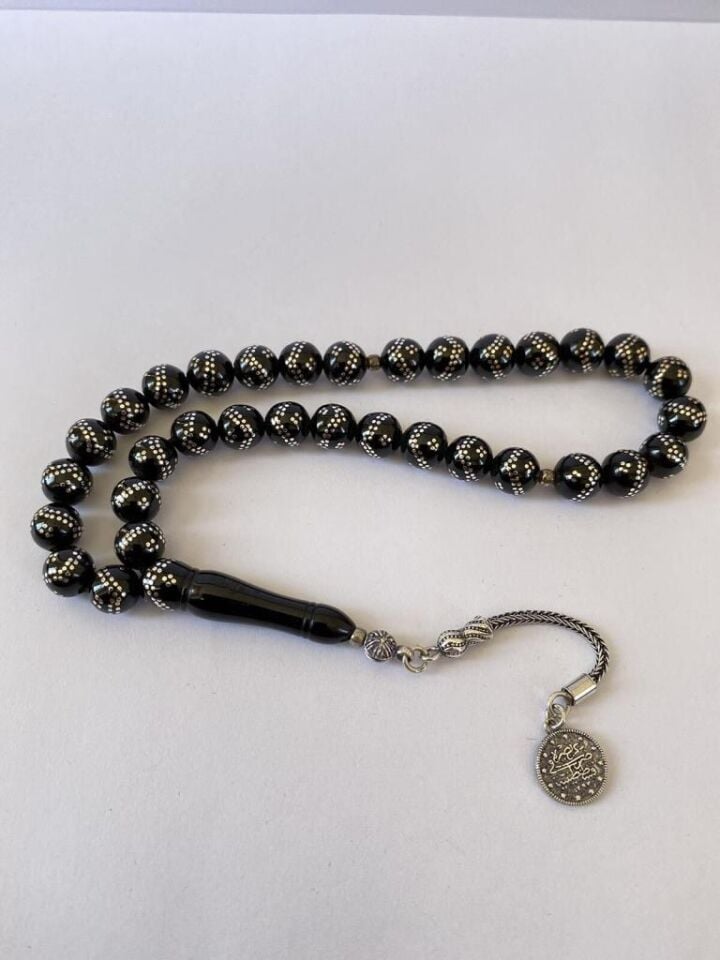 Tesbih TSBH0265BC 925 Ayar Gümüş Püsküllü Gümüş İşlemeli Küre Kesim Erzurum Oltu Taşı Tesbih