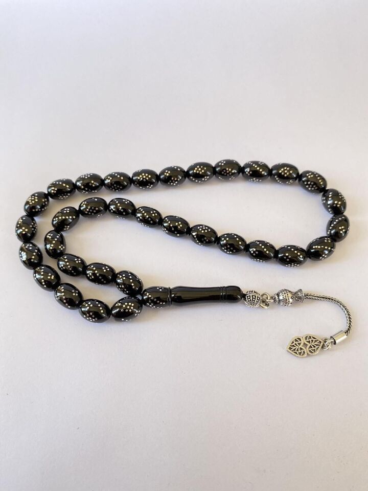 Tesbih TSBH0266BC 925 Ayar Gümüş Püsküllü Gümüş İşlemeli Beyzi Kesim Erzurum Oltu Taşı Tesbih