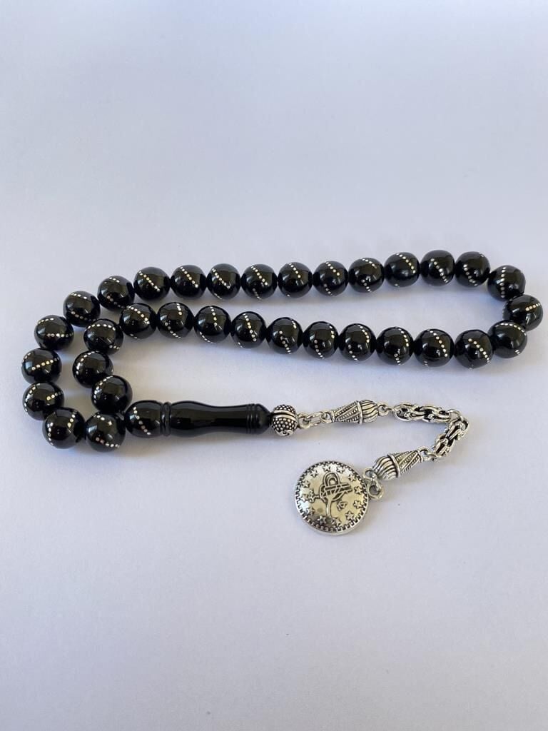 Tesbih TSBH0271HK 925 Ayar Gümüş Püsküllü Gümüş İşlemeli Küre Kesim Erzurum Oltu Taşı Tesbih