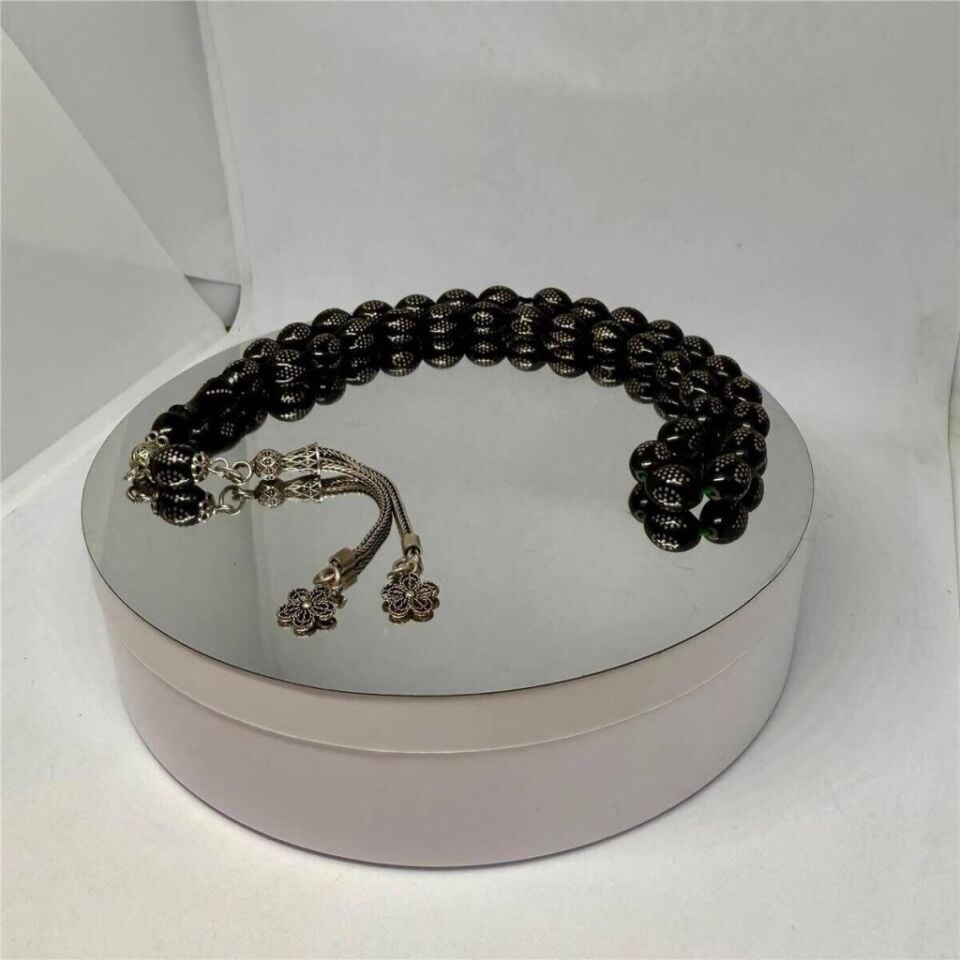 Tesbih TSBH0277AD Gümüş Püsküllü Gümüş İşlemeli Beyzi Kesim Ateş Kehribar Tesbih