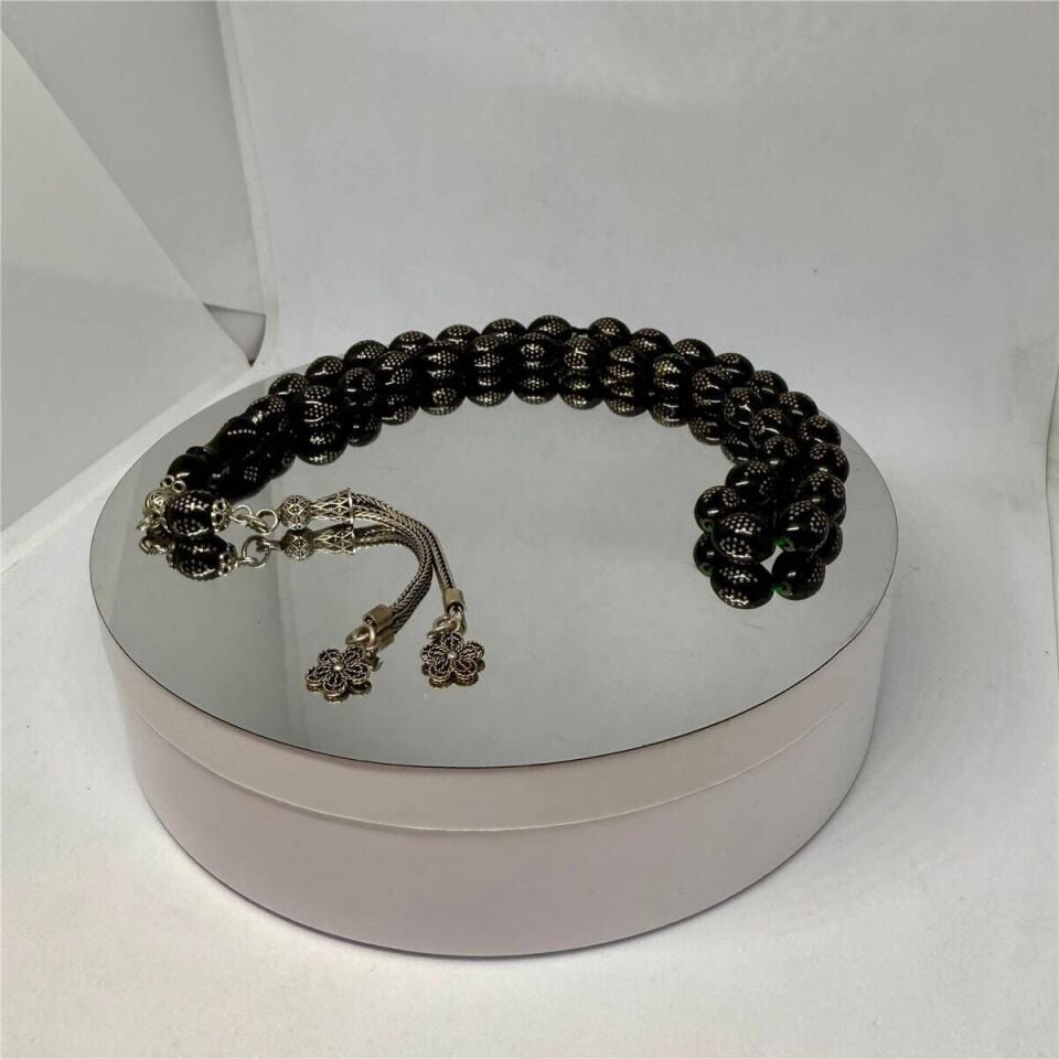 Tesbih TSBH0277AD Gümüş Püsküllü Gümüş İşlemeli Beyzi Kesim Ateş Kehribar Tesbih